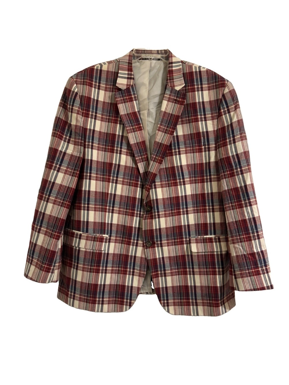 Chaps Plaid 100% Cotton Men’s Burgundy & Navy Blazer 48R Preppy Career